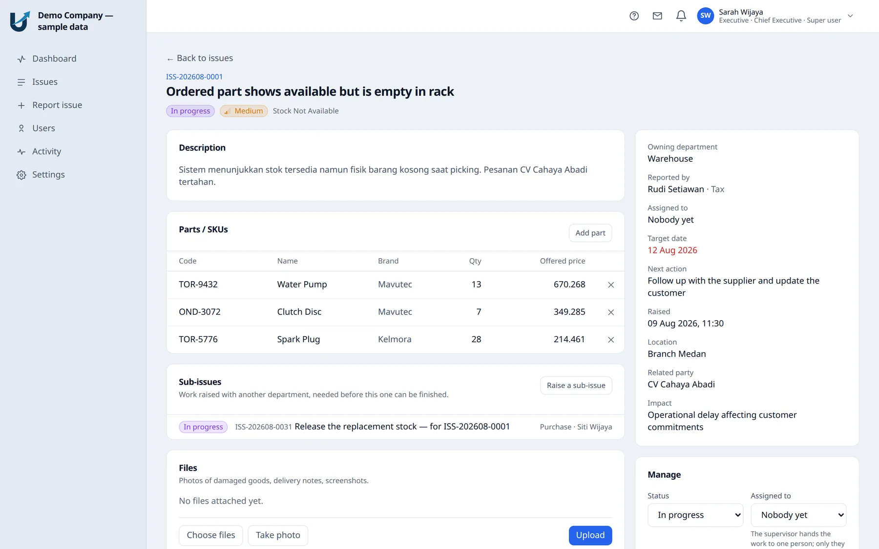 An issue's detail page: status and priority badges, description, parts and SKUs in the organisation's own vocabulary, and a sub-issue linked to another department